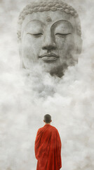 A serene scene where a monk in a vivid red robe stands with their back to the viewer, gazing up at a colossal, ethereal Buddha face that seems to form out of mist and smoke