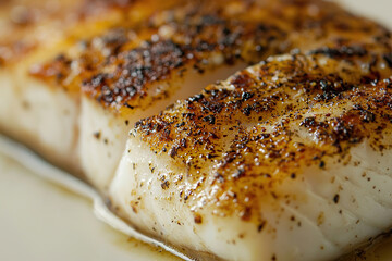 Wall Mural - Close-up of a fillet of grilled fish on a white background, showcasing its flaky texture and golden-brown crust.