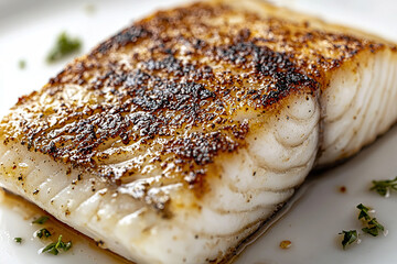 Wall Mural - Close-up of a fillet of grilled fish on a white background, showcasing its flaky texture and golden-brown crust.