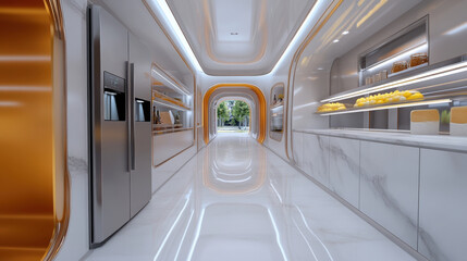 Wall Mural - A long hallway with a refrigerator and orange walls, AI