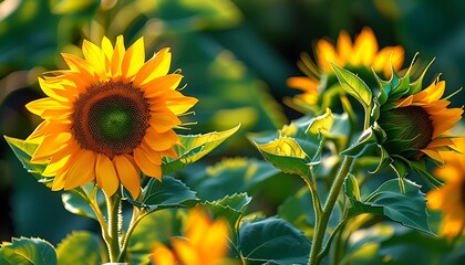 Wall Mural - Sunflowers blooming in the sun have bright petals and surrounded by green leaves, showing the vitality and beauty of nature.