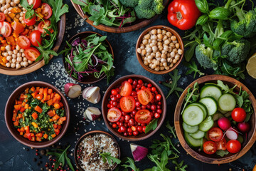 Wall Mural - Colorful Healthy Salad Ingredients: Fresh Vegetables, Chickpeas, and Quinoa on Rustic Table