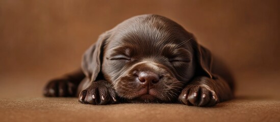 Poster - A newborn chocolate puppy rests on a horizontal brown background High quality photo with space for a signature. with copy space image. Place for adding text or design