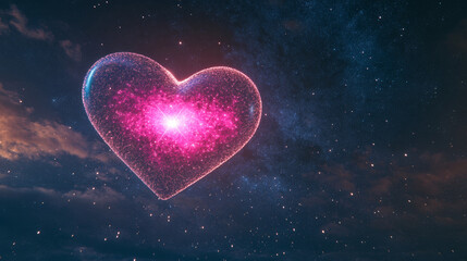 Wall Mural - huge heart in pink light floating in the sky, made with white star and cover with lights.up in the dark night sky