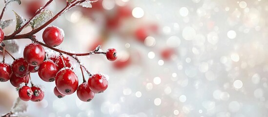 Aufkleber - Hawthorn berry against a light background featuring snow and a Bokeh effect. with copy space image. Place for adding text or design