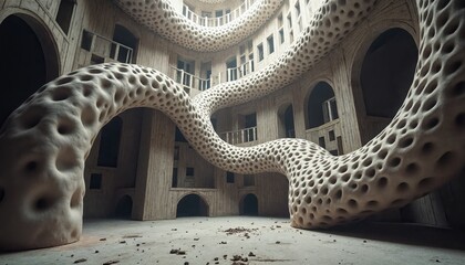 Abstract sculpture in a building, featuring a large, winding, organic structure.