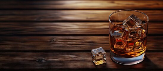 Aufkleber - A glass of whiskey or cognac on wooden planks with ice cubes. with copy space image. Place for adding text or design