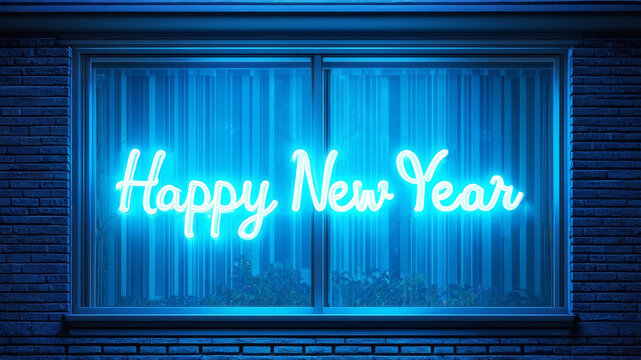 Happy New Year blue neon glowing lettering in window frame on brick wall. Festive illumination in cyberpunk style
