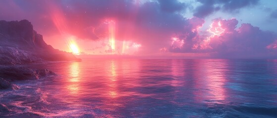 Wall Mural - Pink Sunset Over a Calm Sea With Rocky Cliffs in the Foreground