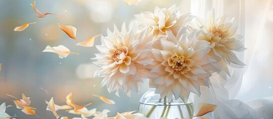 Poster - White autumn dahlias in a clear glass vase set against a white background Copy space