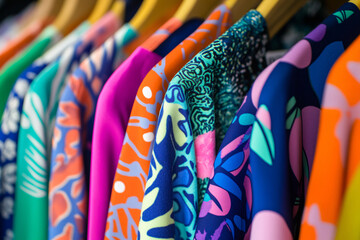 Colorful clothing with bright and bold patterns hanging on clothing rail