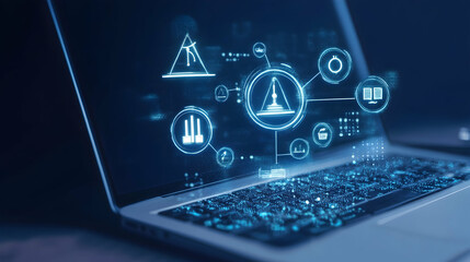 Regulatory compliance and governance framework represented through digital icons on a laptop screen