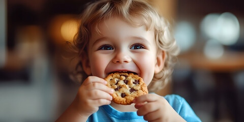 Sticker - Close up portrait of a happy toddler kid eating a fresh baked cookie, blurred background