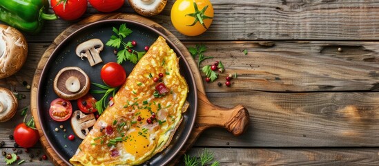 Poster - Omelet with mushrooms and vegetables Fried eggs Set against a wooden background Top view Free copyspace