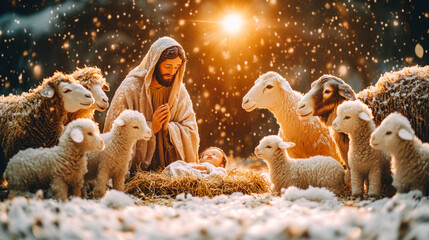 Nativity Scene with Joseph, Baby Jesus, and Adoring Sheep Under Starry Sky