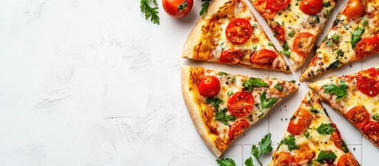 Poster - Delicious pizza toasts with fresh tomatoes and parsley on a white tiled table overhead view Room for text. with copy space image. Place for adding text or design