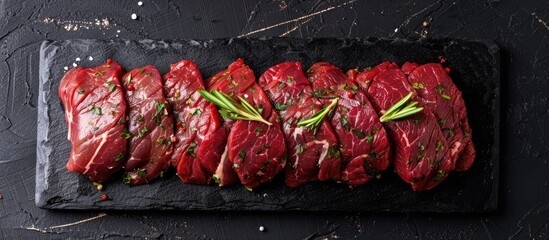 Poster - Topside sirloin beef cut raw meat seasoned with spices Black background Top view. with copy space image. Place for adding text or design