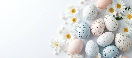 Wall Mural - Easter eggs and spring white flowers on a white background for Easter with copy space