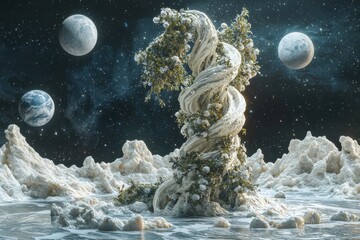 Wall Mural - Magical snowy landscape with ethereal ice formations and glowing moons in night sky