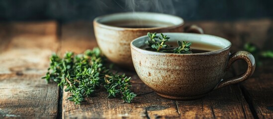 Poster - Cup of fresh thyme tea on a wooden table room for text. with copy space image. Place for adding text or design