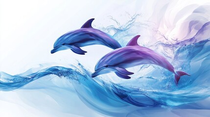 Two dolphins leaping through ocean waves, dynamic