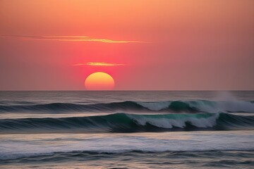 Wall Mural - Vibrant Sunset Over Ocean Waves Against a Plain Background