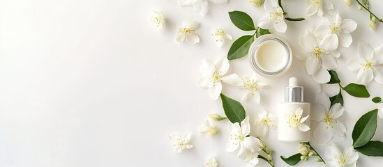 Poster - Arrangement of lovely jasmine flowers and skincare items on a white table space for text. with copy space image. Place for adding text or design