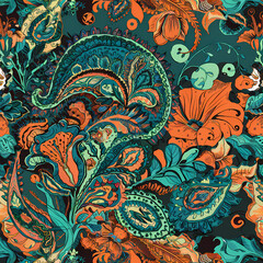  paisley and floral element pattern, muted colors , a fusion of modern colors and rich texture 