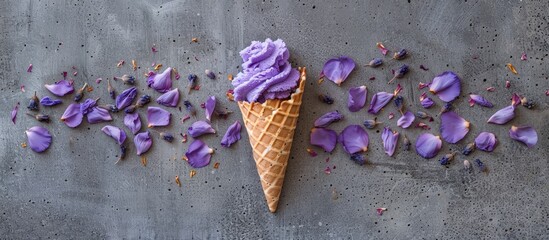 Poster - Violet dried flower with small petals in a waffle ice cream cone on a gray background copyspace