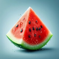 A detailed image of a watermelon slice, featuring bright red flesh, black seeds, and water droplets on a subtle blue background. The contrast emphasizes the fruit's refreshing and juicy nature.. AI