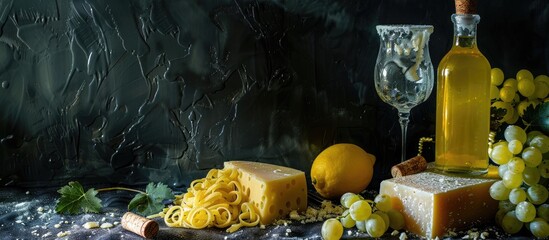 Poster - Still life featuring pasta parmesan grapes and an ice cold lemon drink in a glass jar against a dark background. with copy space image. Place for adding text or design