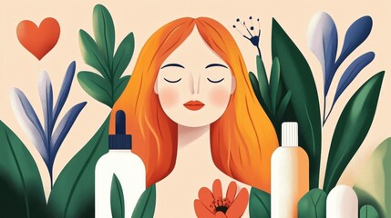 Poster - A woman with red hair surrounded by plants and bottles, AI