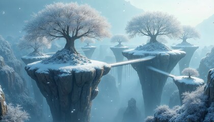 Poster - Snowy, white trees on floating islands connected by bridges.