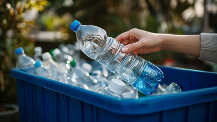 a woman's hand a plastic bottle in a blue recycling bin