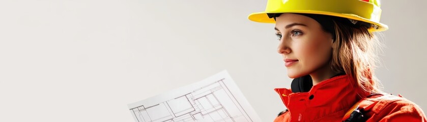 Female firefighter looking at a building blueprint, strategizing, pure white backdrop, Firefighter planning, rescue strategy, emergency