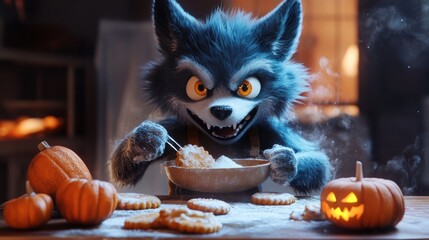 A furry monster enjoying Halloween treats