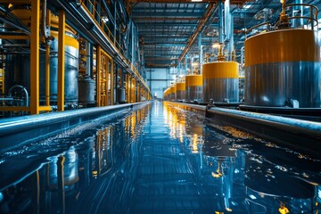 Wall Mural - Industrial Facility with Water-Filled Trough and Yellow Tanks