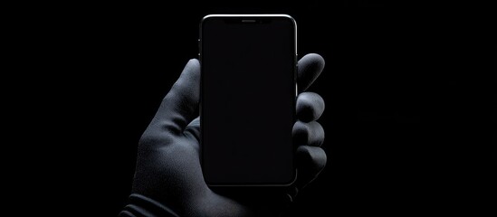 Poster - Hand in a black glove holding a mobile phone with a blank screen against a black background Isolated with a clipping path. with copy space image. Place for adding text or design