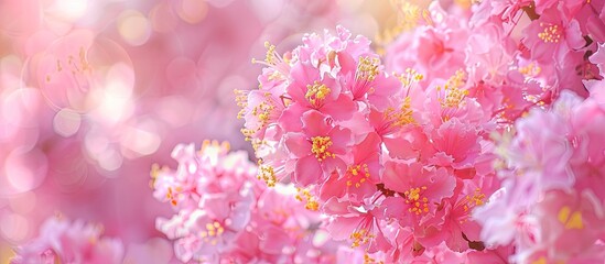 Poster - Pink crape myrtle flowers are blooming beautifully in front of the home. with copy space image. Place for adding text or design