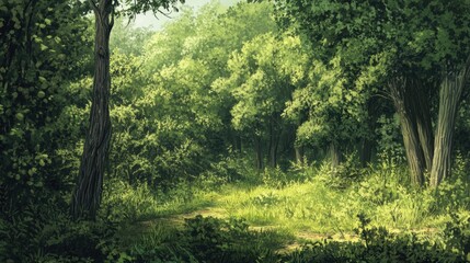 Wall Mural - Lush summer forest scene featuring a dense backdrop of trees in a rich verdant setting