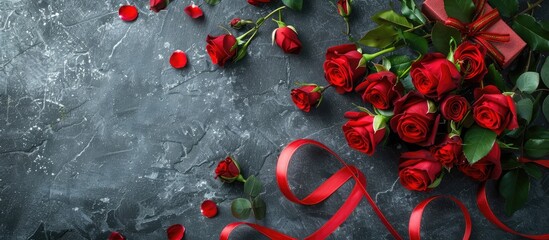 Poster - Holiday background for Valentine s Day featuring a bouquet of red roses tied with a red ribbon alongside a wrapped gift box set on a gray stone table Copy space top view