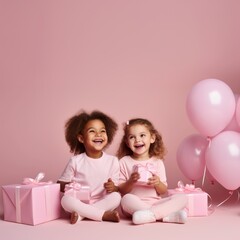 Poster - Birthday girls with pink balloons AI generated image