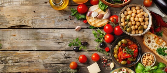 Aufkleber - Mediterranean food ingredients on a white wooden table. with copy space image. Place for adding text or design