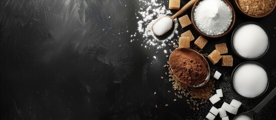 Leinwandbilder - Brown and white sugar in bowls with a scoop and spoon Cane refined granulated cubes and candy Top view on a black background with copy space