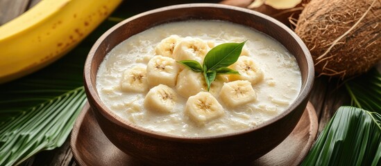 Poster - Kolak pisang an Indonesian dessert consists of bananas and sweet potatoes cooked with palm sugar coconut milk and pandan leaves It is served in a white bowl and is very popular during Ramadhan especi