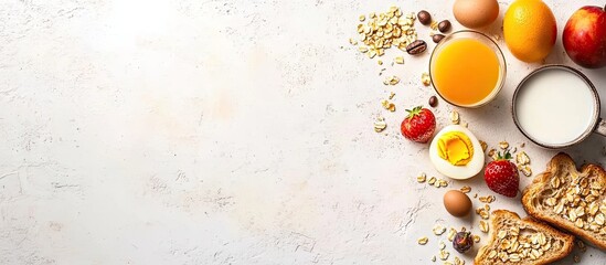 Poster - Breakfast includes coffee orange juice oat cereal milk fruits eggs and toast A balanced diet A sweet and savory morning meal food background Overhead vertical. with copy space image