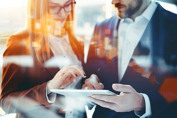 Business people using tablet in the office Businessman and businesswoman surfing the net on digital tablet