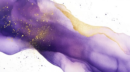 Purple watercolor stain on a white background featuring golden light accents and a shimmering star Abstract design with a magical aesthetic