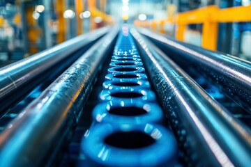 Wall Mural - Close-up of Industrial Machinery with Shiny Metal Parts and Blue Rings