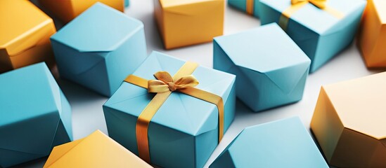 Poster - A close up of beautiful blue and yellow hexagon gift boxes on a white background Space for text Side view Mockup. with copy space image. Place for adding text or design